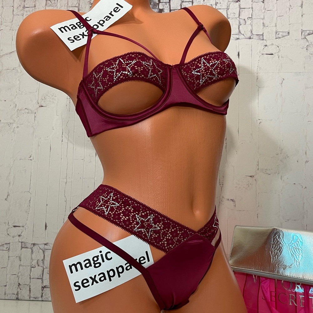 VS LUXE 32 34 36 CRYSTALS BRA PANTY SET STRAPPY CAGED CUT OUT SATIN
